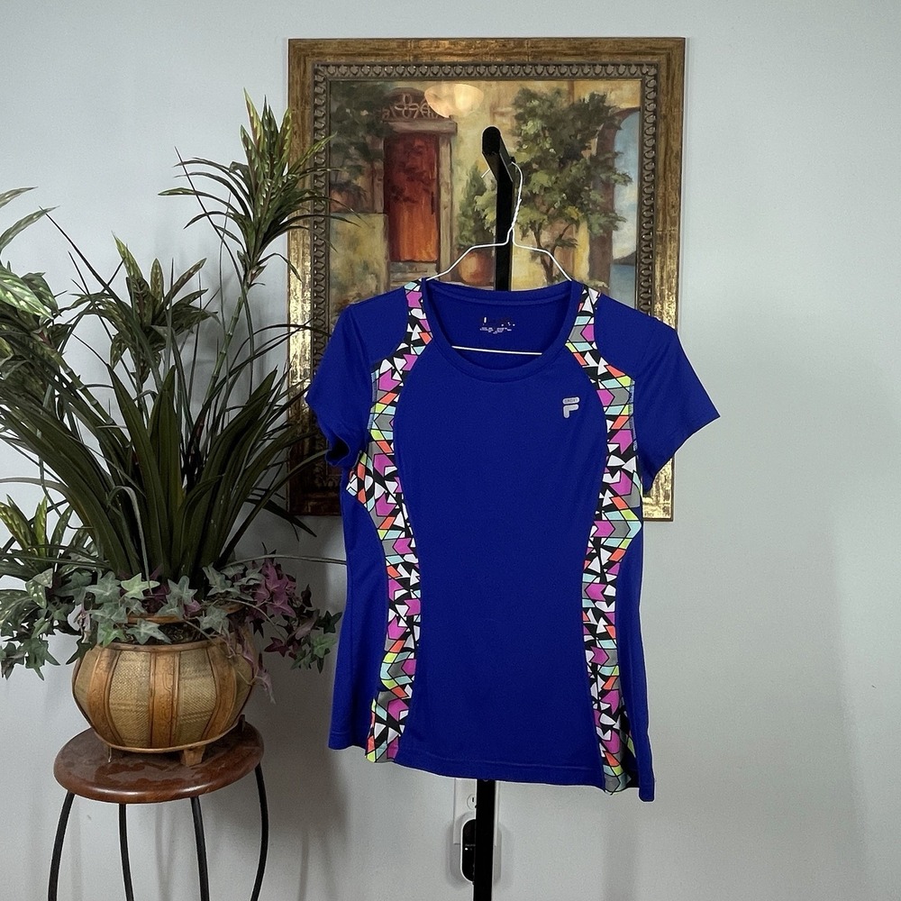 FILA Sport Womens Royal Blue Geometric Short Sleeve Athletic Workout Top